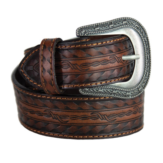 BELT- WESTERN- LEATHER BROWN BARBED WIRE LACED