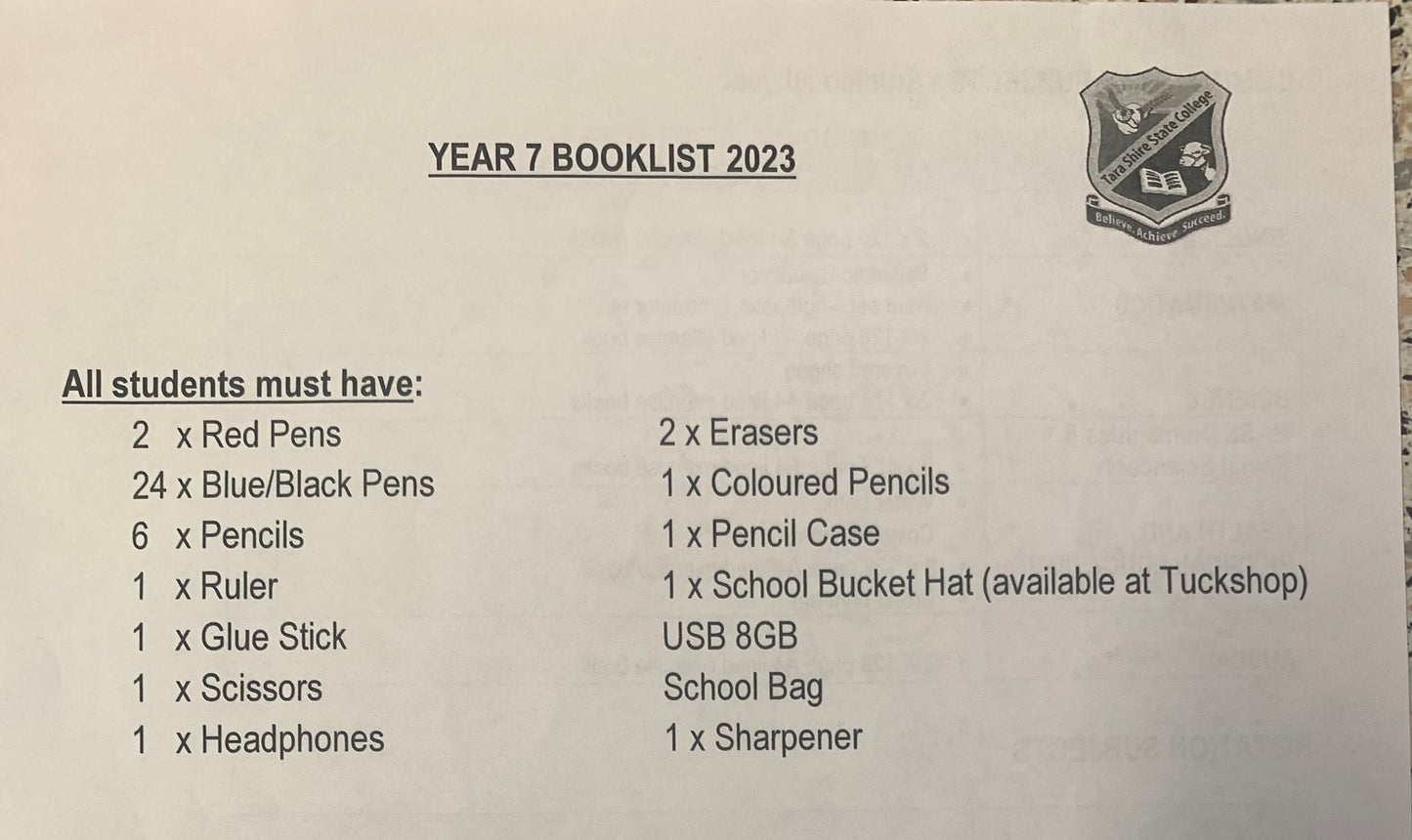 year 7 TSSC back to school books