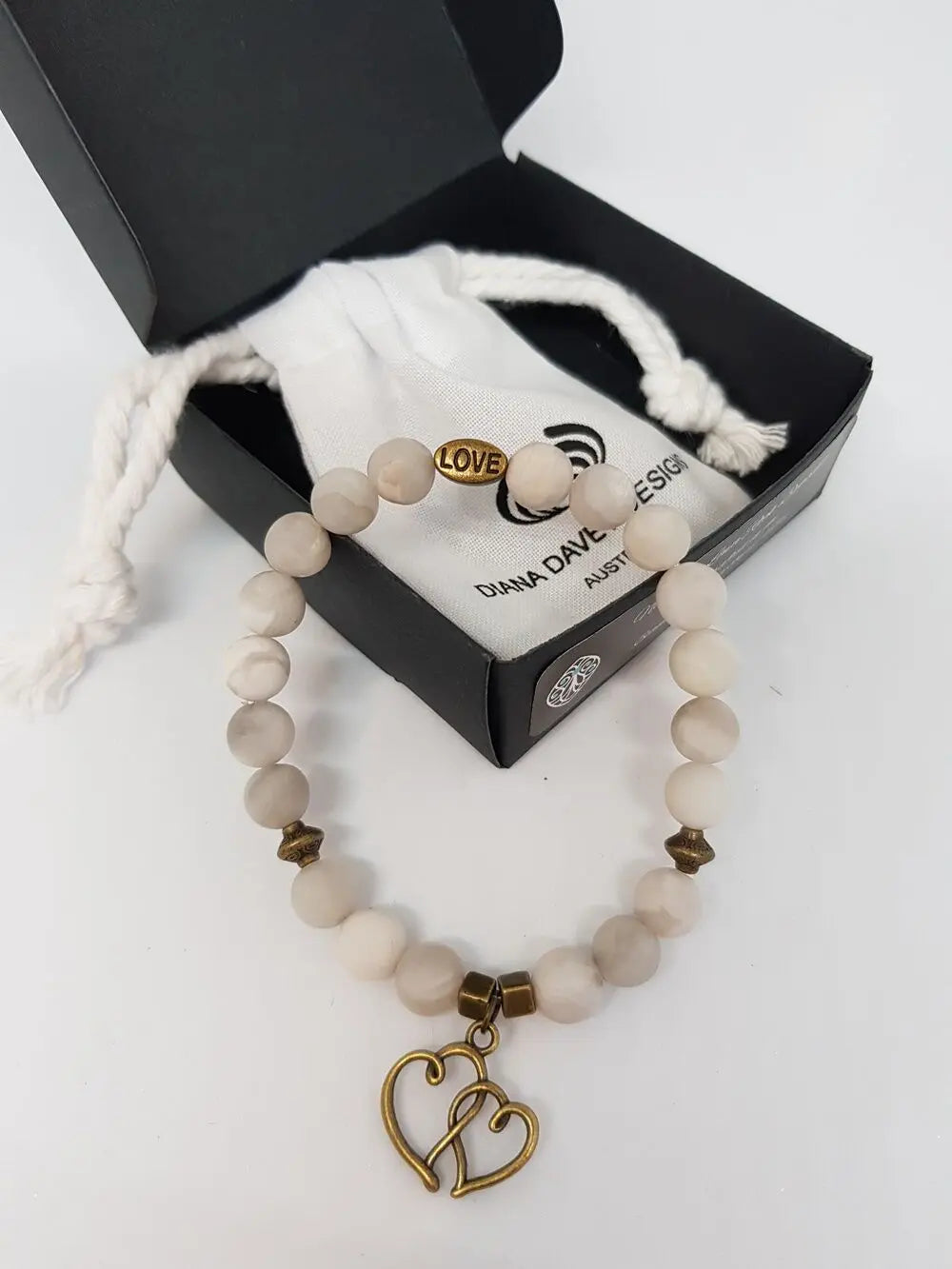 Natural Cream & Agate Bracelet with Heart Locket