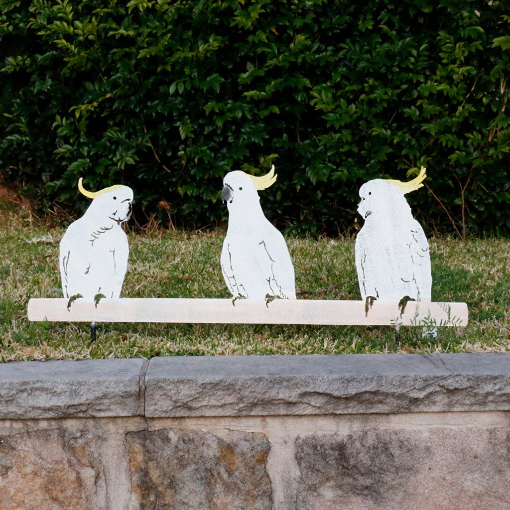 COCKATOOS ON FENCE STAKE