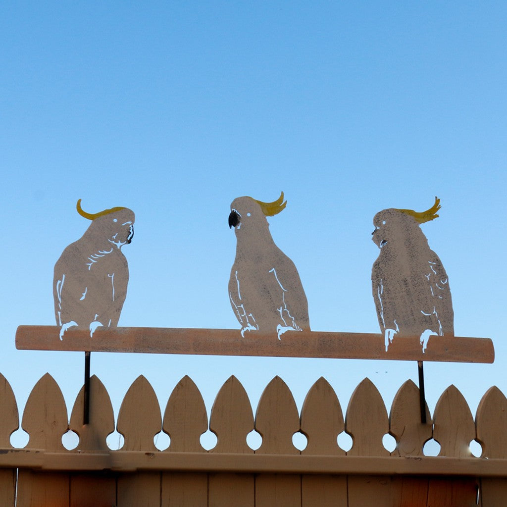 COCKATOOS ON FENCE STAKE