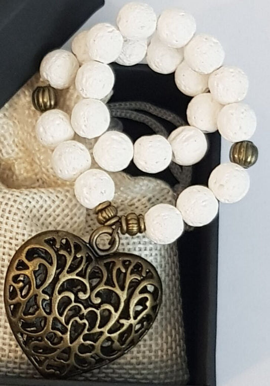 White Lava Stone Bracelet with Filigree Bronze Heart