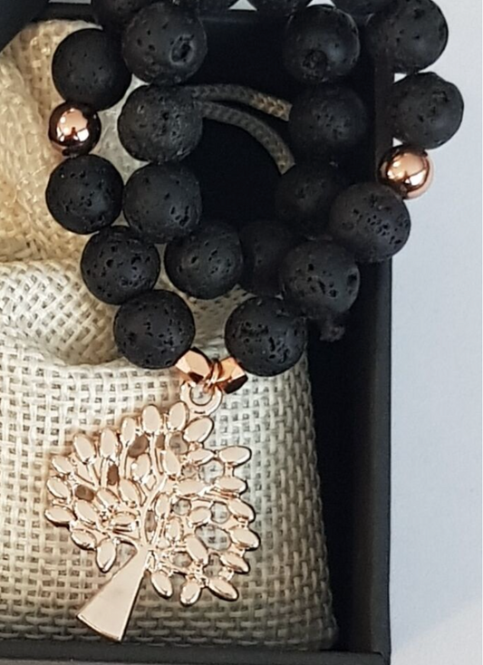 Black lava stone tree of life necklace beads